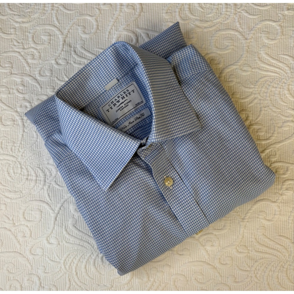 Charles Tyrwhitt Mens Slim Fit Non Iron Dress Shirt 15.5 - 35 in Blue Puppytooth